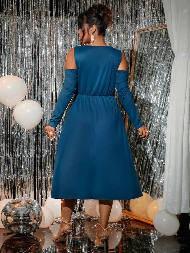 Allurite Vestido sexy de manga larga con cuello de corazón, envolvente cruzado y abertura larga en talla grande de unicolor - Azul - Añade 2