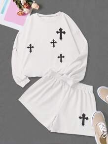 SHEIN Unity 2pcs/Set Women Crew Neck Sweatshirt And Comfy Shorts Set, Casual Outfit For Fall/Winter