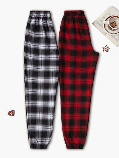 2 piezas Conjunto de pantalones de pijama a cuadros para mujer, ropa de otoño e invierno