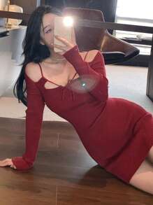 DAZY Váy len bó sát mini buộc dây thanh lịch, váy đỏ mùa thu dành cho nữ, váy Giáng sinh - Đỏ - Xem 7