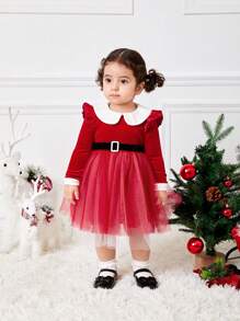 SHEIN Đầm công chúa Giáng sinh dễ thương cho bé gái, cổ xếp nếp lưới màu đỏ tương phản, tay dài, thắt lưng, mùa thu/đông - Đỏ - Xem 6