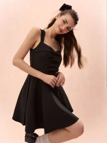 Enchnt Women Solid Color Thick Strap Sleeveless Dress - Black - View 7