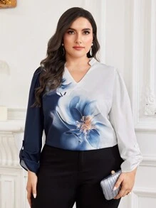 Lacomfia Camisa de manga larga con estampado floral para mujeres de talla grande