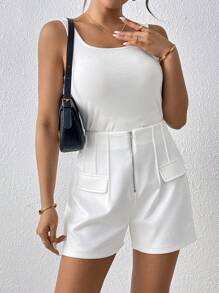 Chiquease Women's Plain Simple Casual Zipper Shorts - White - View 3