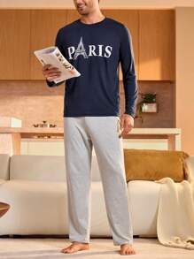 Manfinity Underwear&Sleepwear Basics Men's Letter Printed Round Neck Long Sleeve Casual Loungewear Top