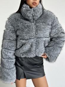 SHEIN Privé Women's High Collar Short Elegant Fluffy Coat - Multicolor - View 3