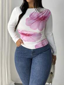 Firerie Plus Size Elegant & Comfy Floral Printed Mesh Round Neck Long Sleeve Versatile Women Top - White - View 3