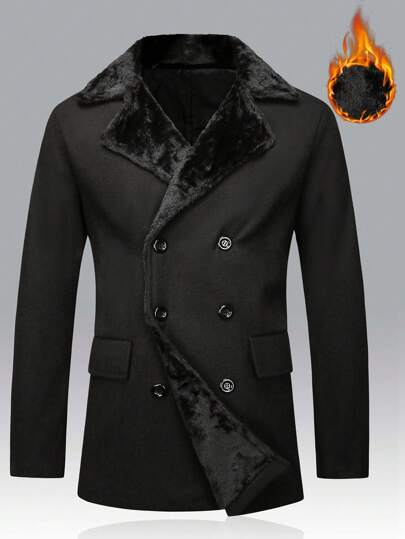 Manfinity Homme Mäns vinter Enfärgad Lapel Neck Långärmad Tjock dubbelknäppt Casual Overcoat