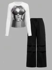 SHEIN Explorewe 2pcs Teenage Girls Casual Graphic Cropped Sweatshirt And Wide-Leg Pants Set - Black and White - View 1