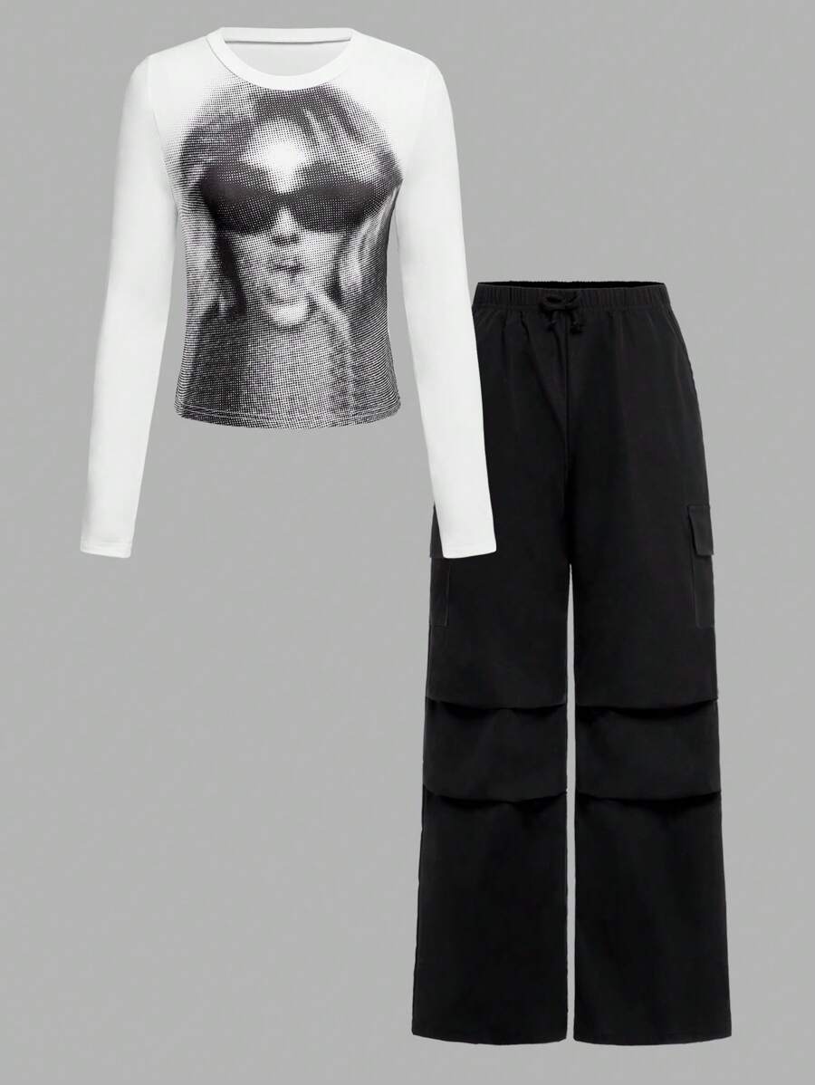 SHEIN Explorewe 2pcs Teenage Girls Casual Graphic Cropped Sweatshirt And Wide-Leg Pants Set - Black and White - View 1