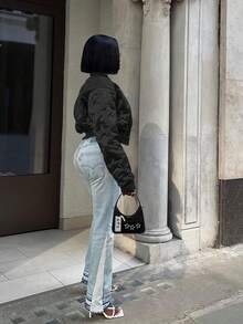 女式黑色休闲加厚短款羽绒夹克，秋冬季保暖 - 黑色 - 查看 4