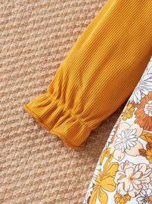 SHEIN 女童优雅复古法式花卉荷叶边围兜连体裤，适合外出，秋冬季 - 酒紅色 - 查看 5