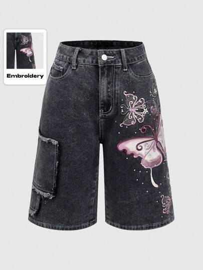 Fairycore Shorts de mezclilla sueltos con borde deshilachado, parche y bordado de mariposa para mujer
