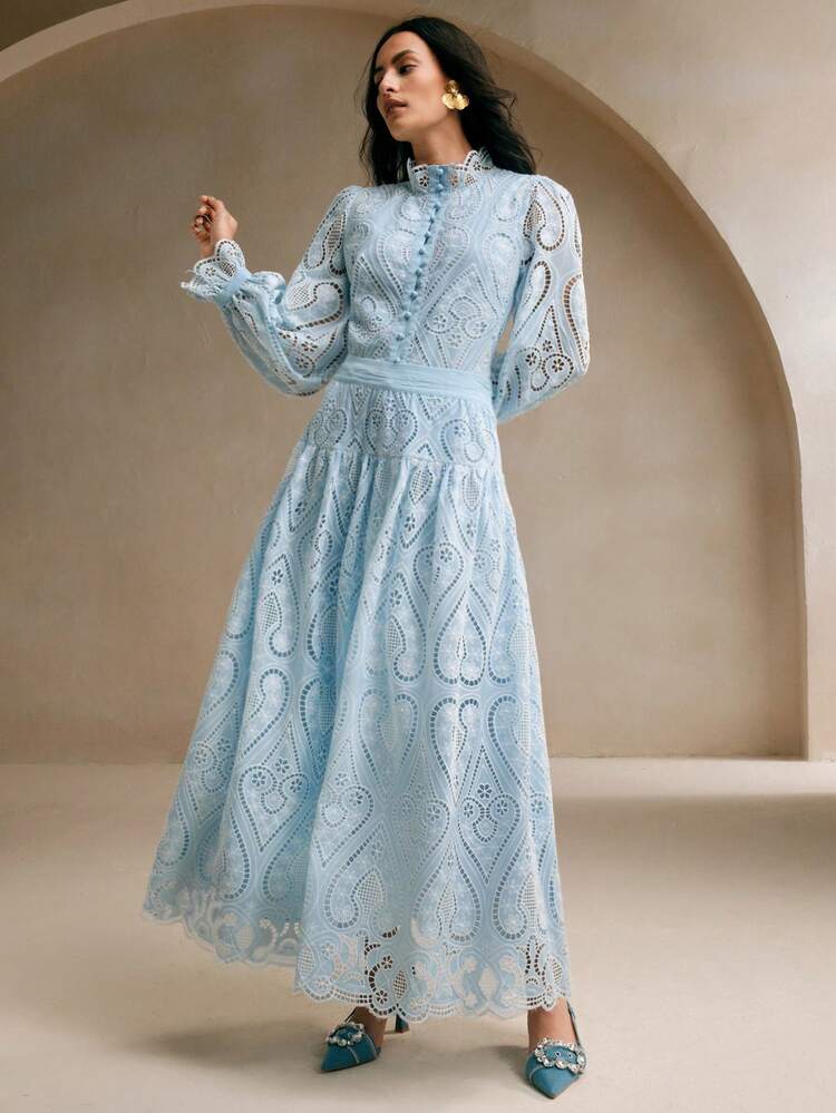 Conjunto de 2 peças com Camisa Casual de Manga de Lanterna e Gola Alta e Saia Larga