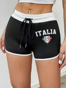 StreetHx Women's Letter Print Drawstring Waist Casual Shorts - Black and White - View 1