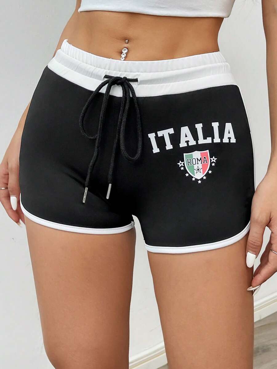 StreetHx Women's Letter Print Drawstring Waist Casual Shorts - Black and White - View 1