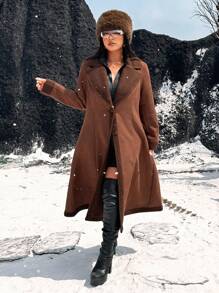 Flirla Plus Size Women's Casual Stand Collar Long Sleeve Long Coat For Winter