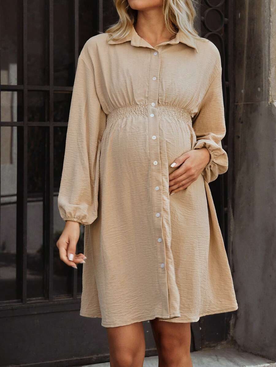 SHEIN 纯色孕妇纽扣长袖休闲连衣裙 - 卡其色 - 查看 1