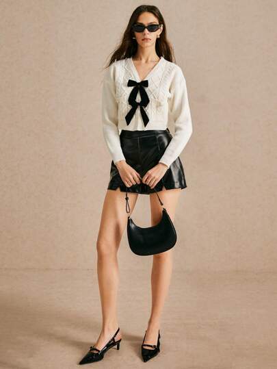 Poéselle White Bow Sweater Cardigan,Women's Elegant Bow Decorated Cropped Cardigan,Fall Women Clothes,Winter Women Clothes,Fall Sweaters,Exquisite Faux Pearl Decorated Buttons, Elegant Fashion, Warm And Comfortable, Suitable For Daily, Street, Commuting, Home And Other Occasions To Wear FW24