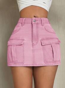SHEIN SXY Minifalda de mezclilla de unicolor para mujer - Rosa - Ver 2