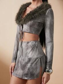 Lumalex 2 件秋冬性感女装优雅休闲秋季服装沙丘印花返校和慕尼黑啤酒节蓬松领子套装 - 咖啡棕 - 查看 7