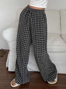 DAZY Plaid Loose Fit Straight Leg Loungewear Pants,Back To School, Fall Pajama - Grey - View 4