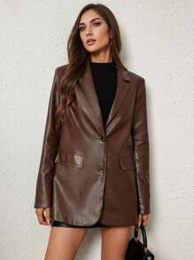 Firerie 女士咖啡棕色缺口领长袖 PU 西装外套