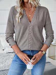 SHEIN LUNE Women's Fashion V-Neck Long Sleeve Lace Ribbed Knit Pullover Sweatshirt