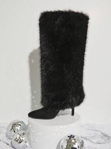 SHUZIA Women's Pointy Toe High Heel Fluffy Fur Knee High Boots Holiday Vacay Vibe For And Summer Shoes Spring Shoes Spring Break Easter - Black - View 6