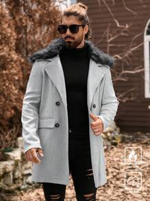 Manfinity Homme Men's Mid-Length Detachable Furry Collar Fall Winter Gary Overcoat, Old Money - Grey - View 6