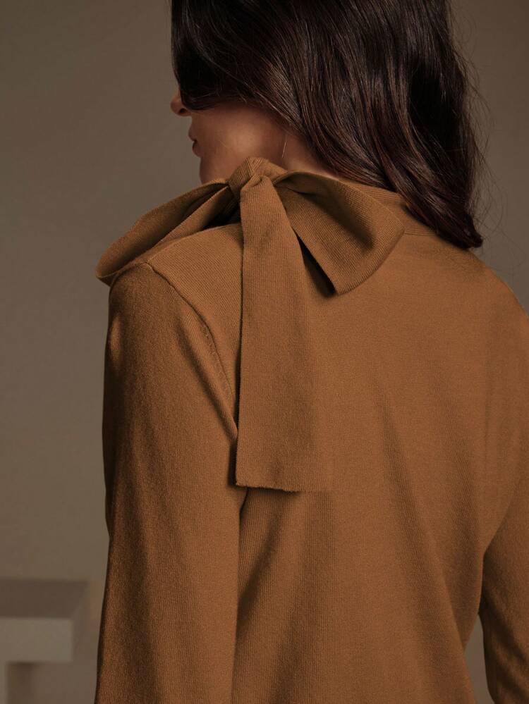 Women's Elegant Solid Color Bowknot Shoulder Design Pullover Sweater, Suitable For Autumn, Winter, Going Out, Leisure, Formal, Party, Fashionable, New Year, Christmas, Work, Graduation, Wedding