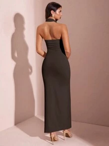 SHEIN BAE Gaun Aprikot Leher V Belahan Tinggi dengan Hiasan Pita di Bagian Depan dan Lipatan untuk Wanita - Coffee Brown - View 2