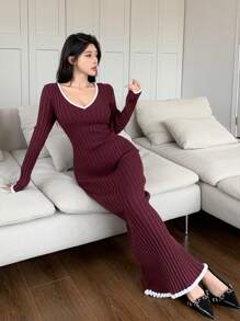 Modelyn Women's V-Neck Color Block Trim Long Sleeve Knit Sweater Dress - Red Violet - View 7