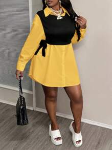 Slaydiva Ensemble 2 pièces robe chemise ample, couleur contrastée, cordon de serrage, style élégant casual, adapté aux grandes tailles, pour l'été et l'automne