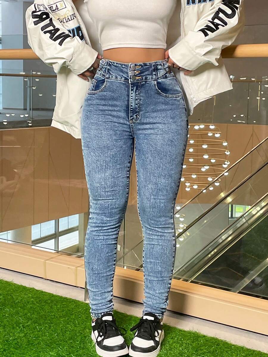 Damen High-Waist-Skinny Jeans, stretchige Jeanshose mit Schleifendekor, geknöpfte Jeanshose