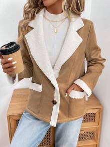 SHEIN LUNE Áo khoác dài tay ấm áp có túi lông thường ngày dành cho nữ - Màu Khaki - Xem 3