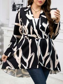 SHEIN Clasi Plus-Size Asymmetrical Hem Single Breasted Lapel Blazer, Autumn - Black and White - View 5