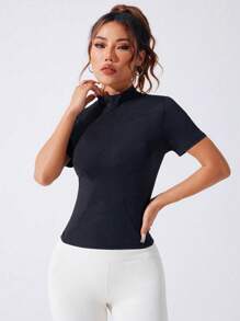 SHEIN Sport Studio Camisa tipo polo deportiva de mujer con media cartera con cremallera y manga corta de unicolor