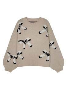 Women's Casual Butterfly Pattern Round Neck Drop Shoulder Sweater, Long Sleeve Top, Nutmeg Color, Autumn/Winter - Khaki - View 5