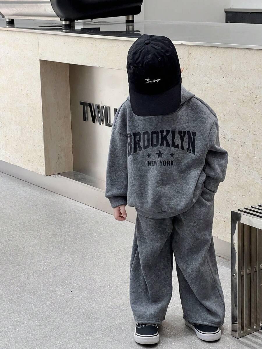 SHEIN 2 piezas/Conjunto de ropa informal para niños pequeños: sudadera con capucha con estampado de copos de nieve y pantalón de chándal de cintura elástica de unicolor, adecuado para volver al colegio, cumpleaños, baby shower, fiesta festiva, otoño/invierno