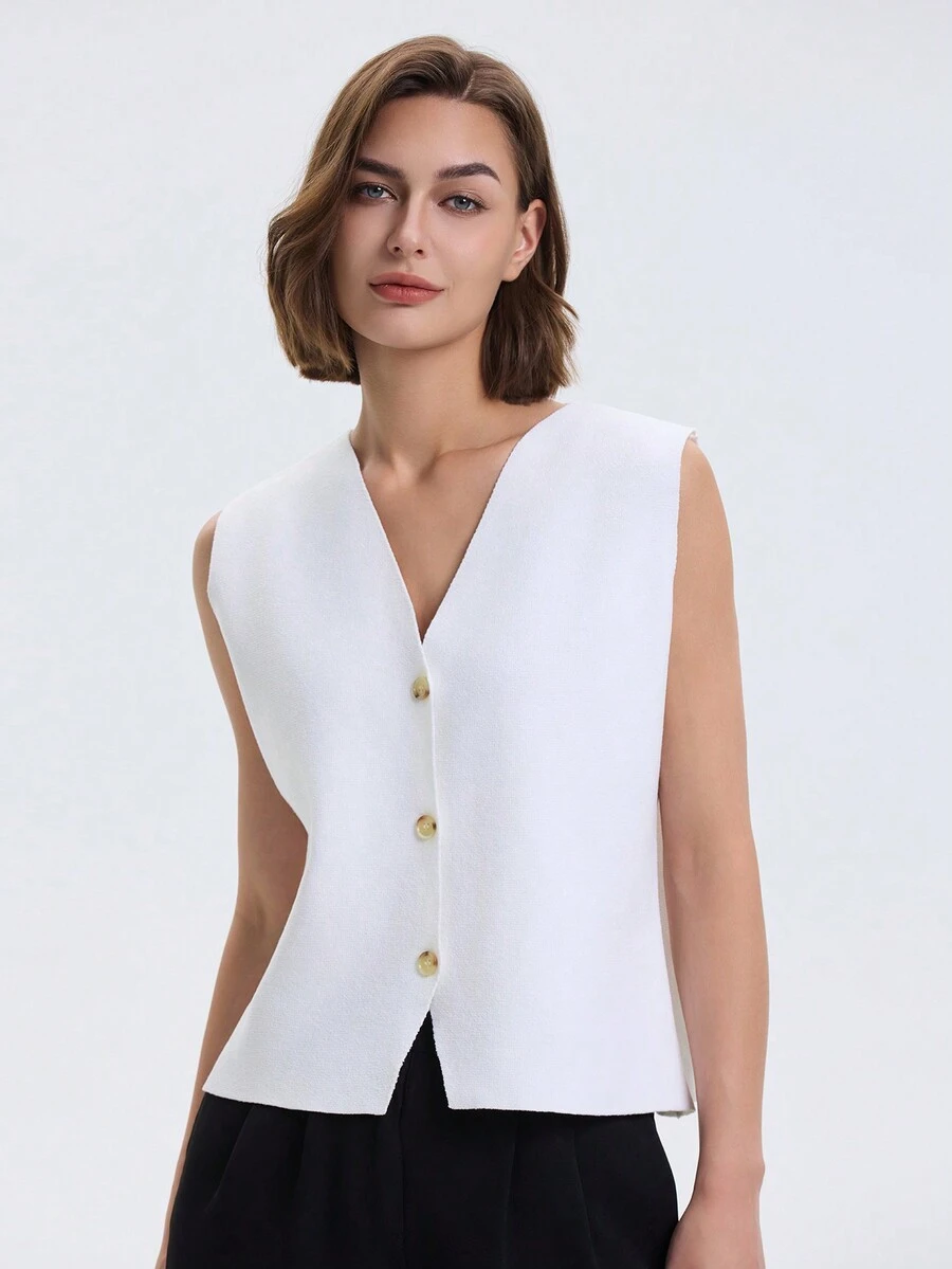 Áo len dệt kim cổ chữ V rộng cài nút phía trước màu trơn - trắng - Xem 1