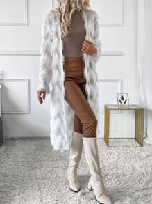 SHEIN LUNE Women's Fashion Casual Fringed Feather Trim Long Cardigan - White - View 4