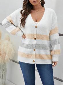 SHEIN Frenchy 大码女式撞色针织开衫，长袖