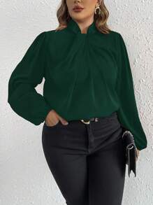 SHEIN Privé Plus Size Women's Solid Color Elegant Simple Long Sleeve Blouse - Dark Green - View 6