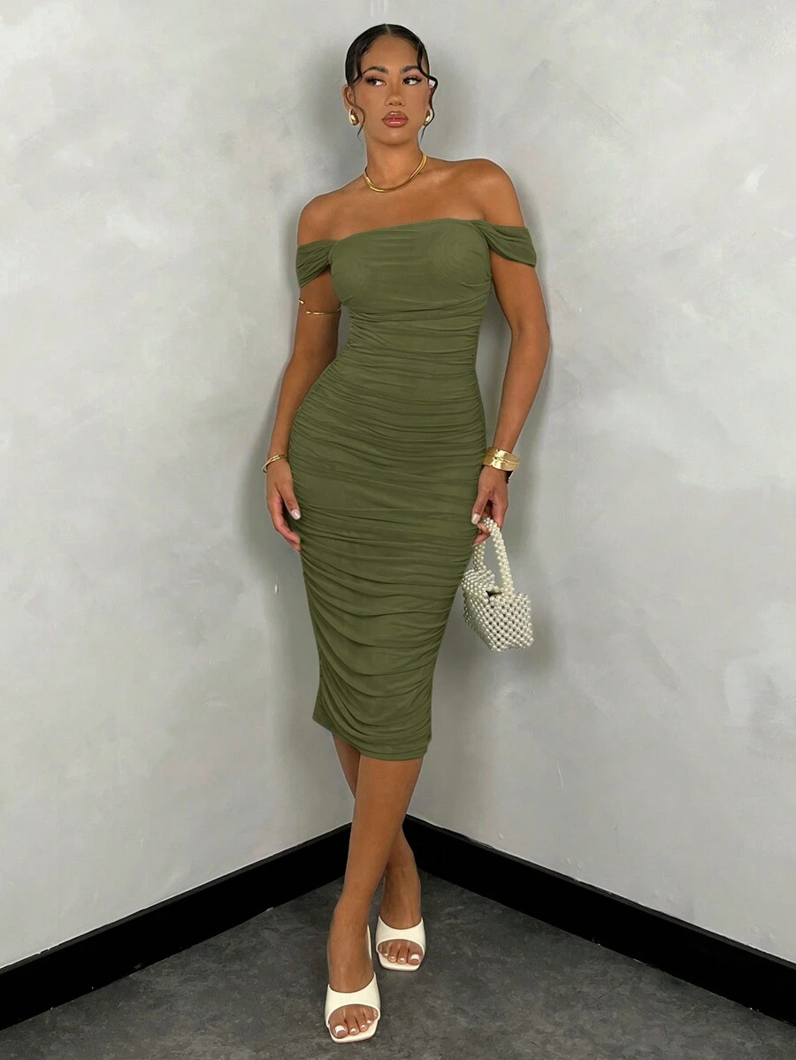 SHEIN BAE 浅黄色蕾丝连衣裙 节日连衣裙 夏装 夏装 春装 淡黄色连衣裙 沙滩女士连衣裙 长沙滩裙 夏季长裙 女士夏季服装/春季服装/情人节服装/狂欢节/海滩度假服装 - 軍綠色 - 查看 1