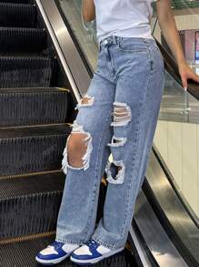 Jeans droits déchirés de couleur claire pour femmes