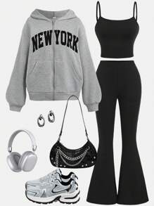 SHEIN Girlism 3pcs Teen Girls Set: Lightweight Hooded Jacket, Letter Print Camisole And Flare Pants, Casual College Style Outfit