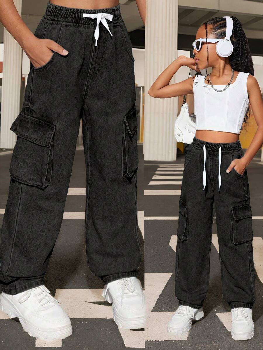 SHEIN Explorewe Conjunto de estojo e calças jeans desgastadas e legais para meninas adolescentes