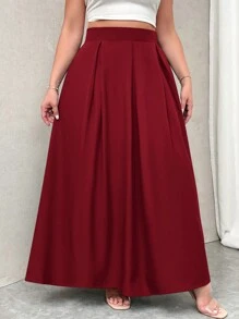 Firerie Plus Size Women Gray High-Waisted Maxi Pleated A-Line Skirt With Pockets And Elastic Waist, Back To School Spring To Summer - Red - View 6