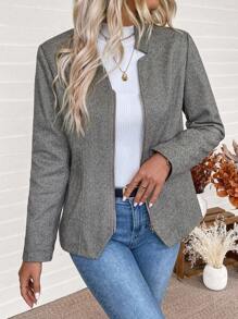 SHEIN Clasi 女士人字形拉链领长袖休闲夹克，秋冬 - 灰色 - 查看 6